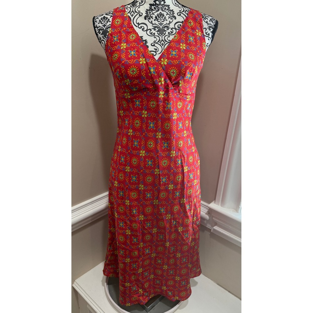 Tessuto Red 100% Silk Bohemian Medallion Print V-Neck Midi Dress S Made in USA